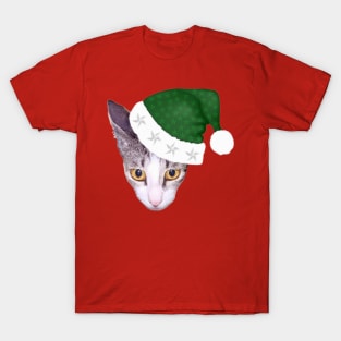 Cute Cat In Green Christmas Hat T-Shirt